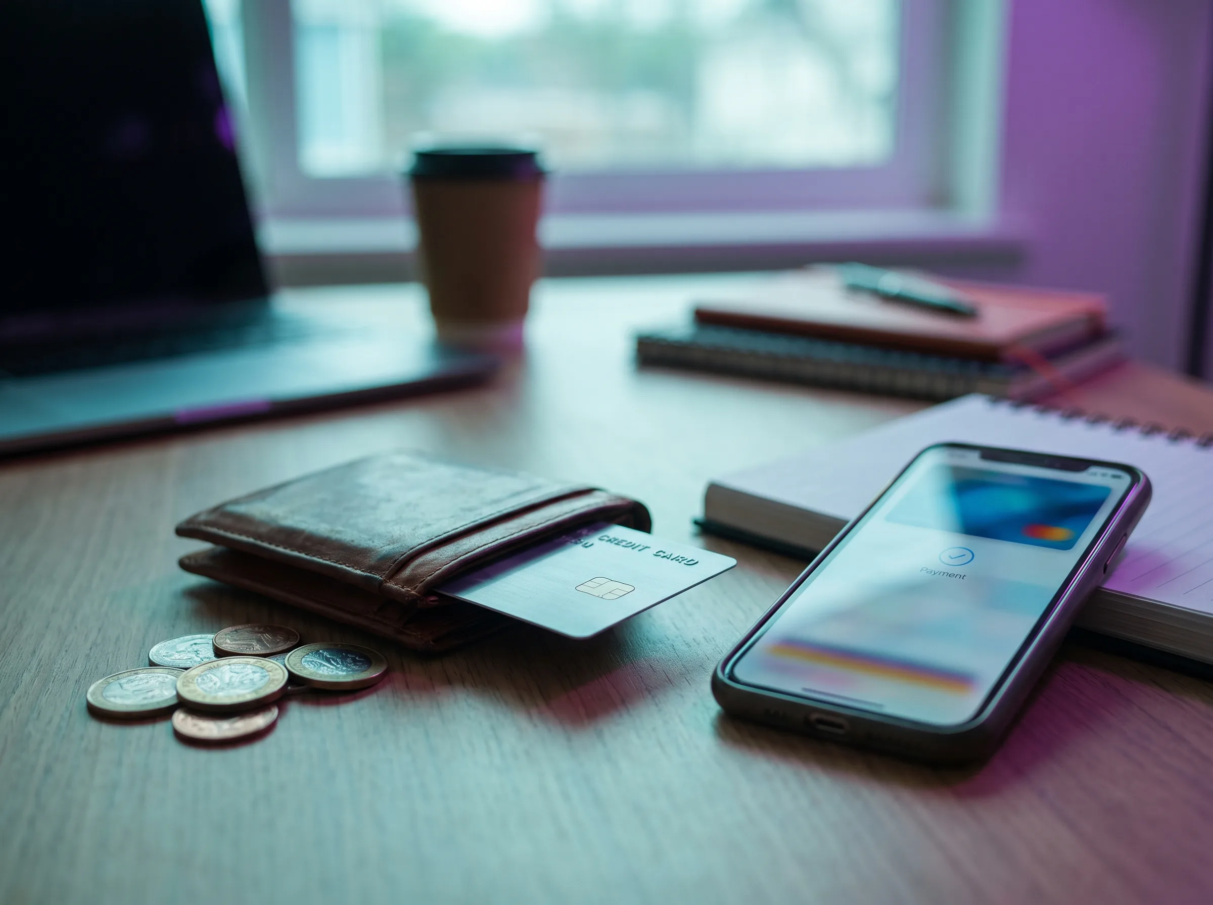 Πορτοφόλι με κάρτα και κέρματα δίπλα σε smartphone, σύμβολο διαδικασίας ανάληψης και πληρωμής